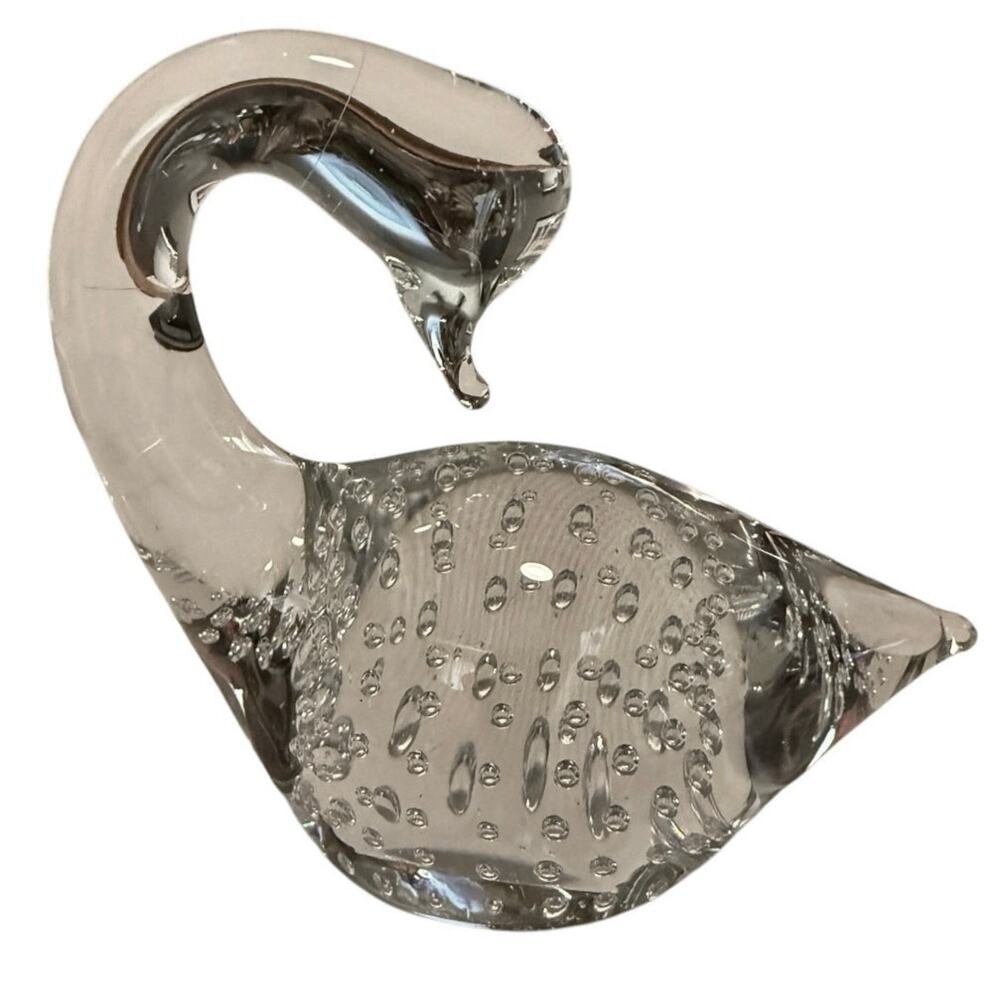 Vintage Controlled‑Bubble Glass Swan Paperweight • 4” x 4.5” • Clear Art Glass